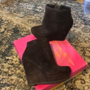 Brown suede booties; worn once. 4.5 inch heel
